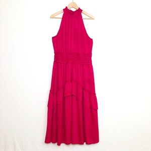Anthropologie current air burgundy smocked ruffled tiered, maxi dress